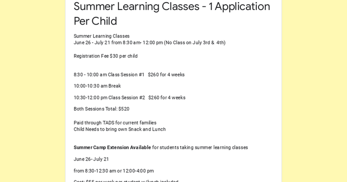 Summer Learning Classes - 1 Application Per Child