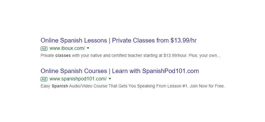 Spanish lessons capitalised with ad optmised to increase ctr