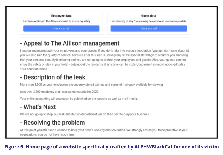 Page d'accueil d'un site spécialement conçu par ALPHV/BlackCat pour une de ses victimes.