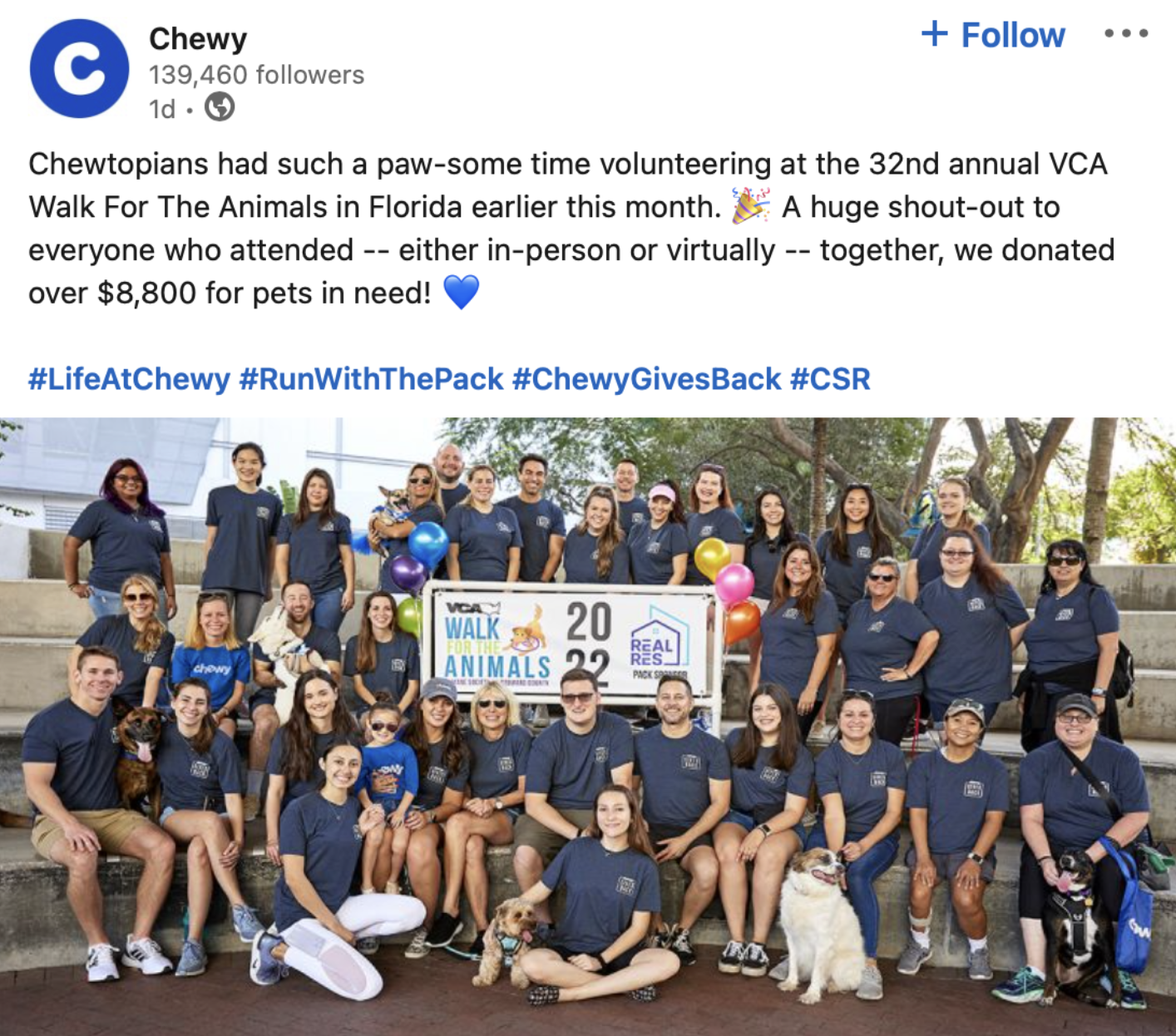 Chewy employer branding twitter post with picture of their team volunteering at the VCA Walk For Animals