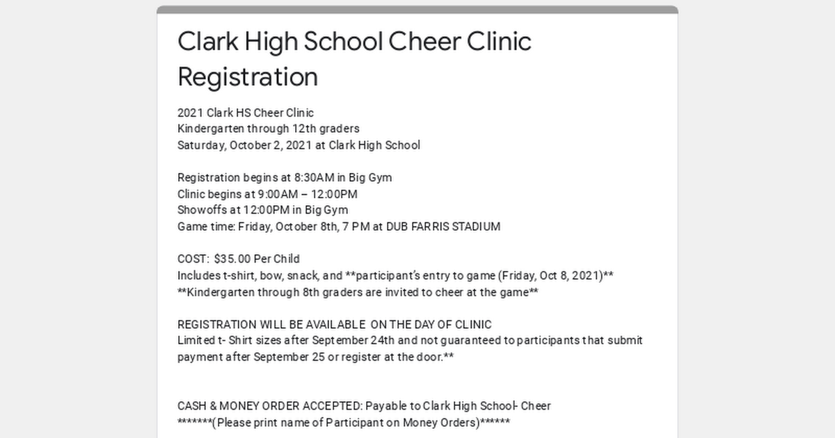 Clark High School Cheer Clinic Registration