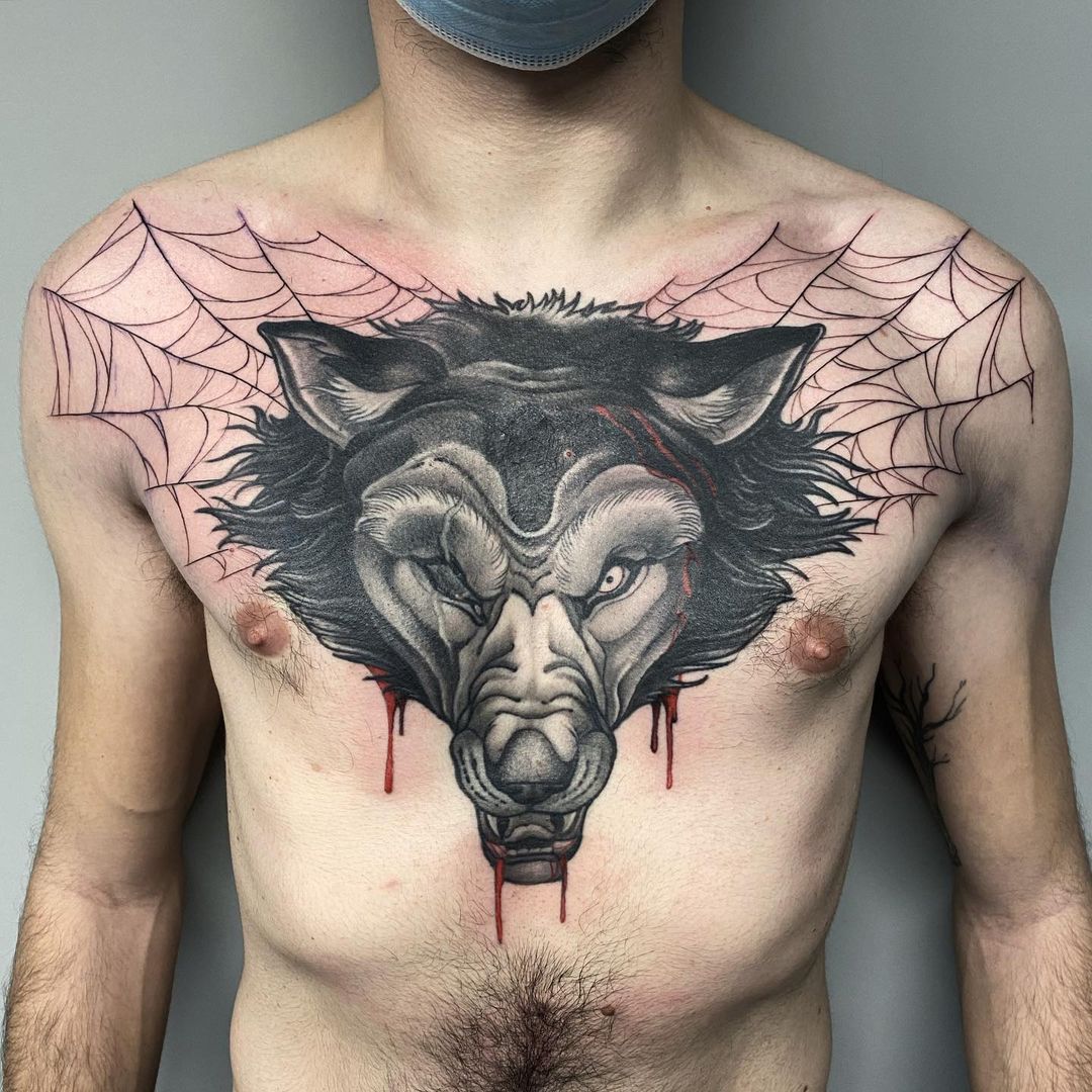 Black Bloody Wolf Tattoo On Chest