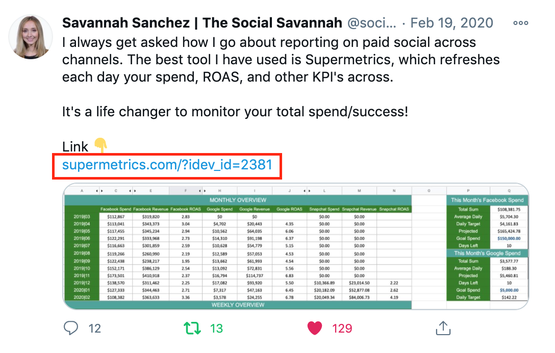 lien d'affiliation dans le post Twitter de savannah sanchez sur les supermetrics