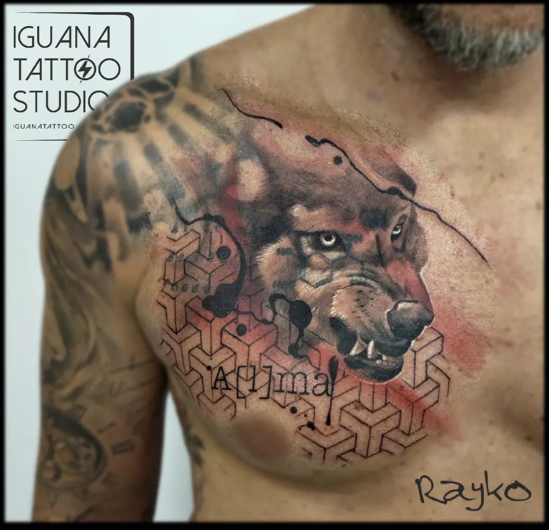 Trash Polka With Wolf Tattoo On Chest