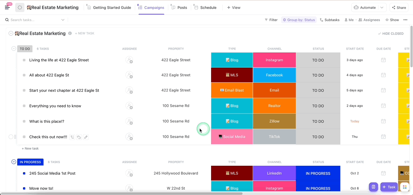 Campaign List View of ClickUp's Real Estate Marketing Template