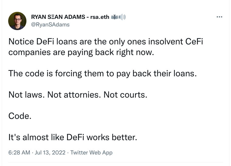 Screenshot of Ryan Adam's tweet about DeFi.