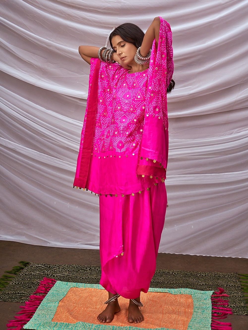 the loom - Pink Bandhani Silk Embroidered Kaftan