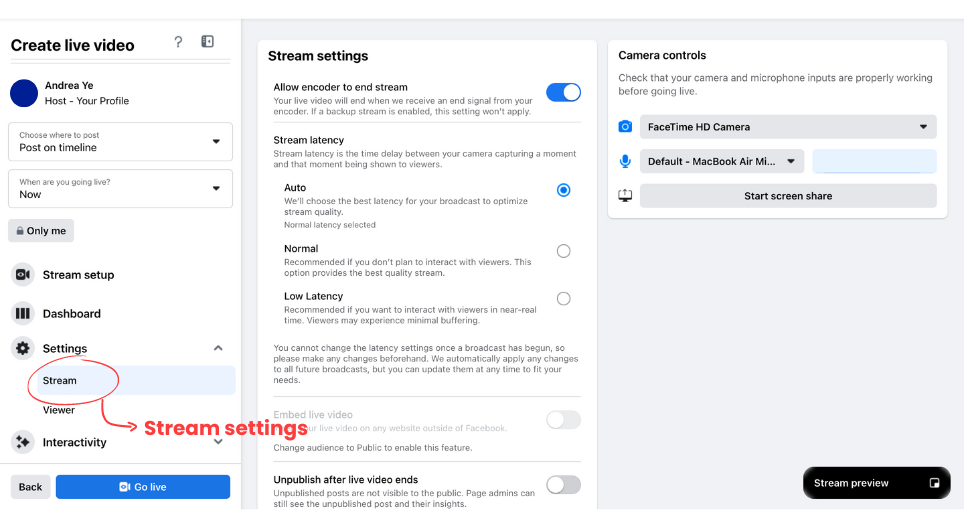 This is an image showing how to set up streaming setting for Facebook Live