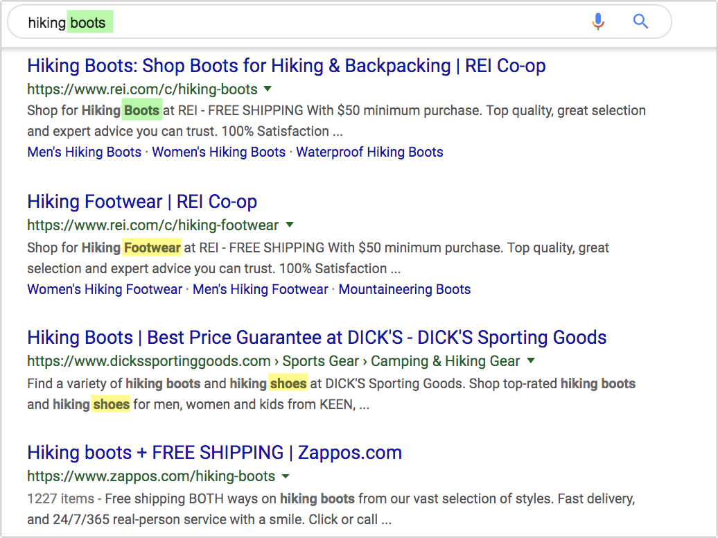 example showing how google bolds synonyms and related terms, not just exact-match keywords.