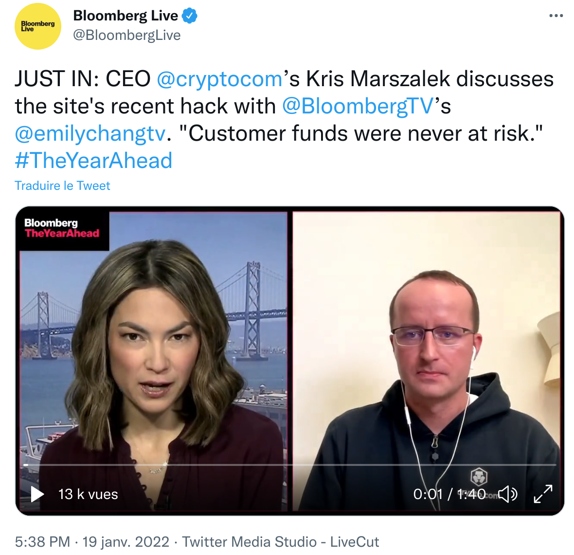 Publication Twitter Bloomberg - Kris Marszalek CEO Crypto.com reconnaît hack
