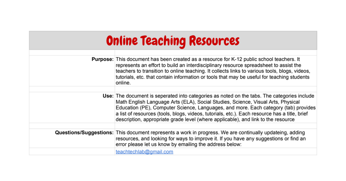 Online Teaching Resources - Spring 2020