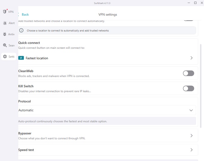 Surfshark VPN settings
