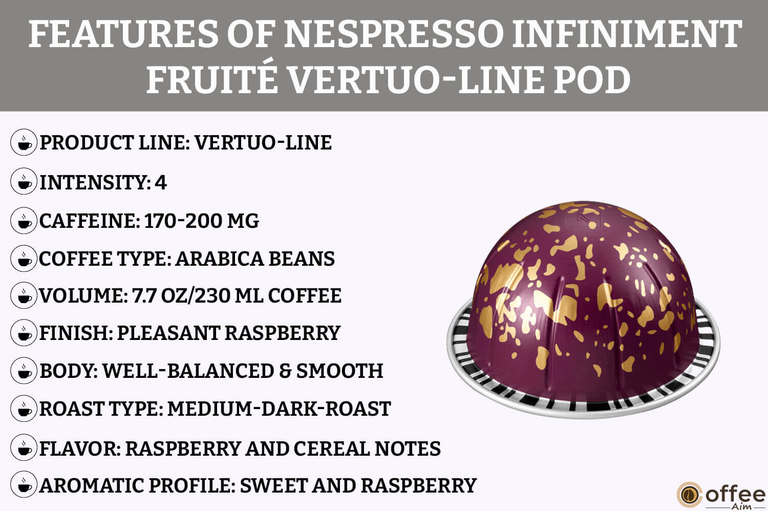 This image illustrates the "Features" of the VertuoLine Infiniment Fruite Pod for our Nespresso Vertuo Infiniment Fruite Pod Review article.