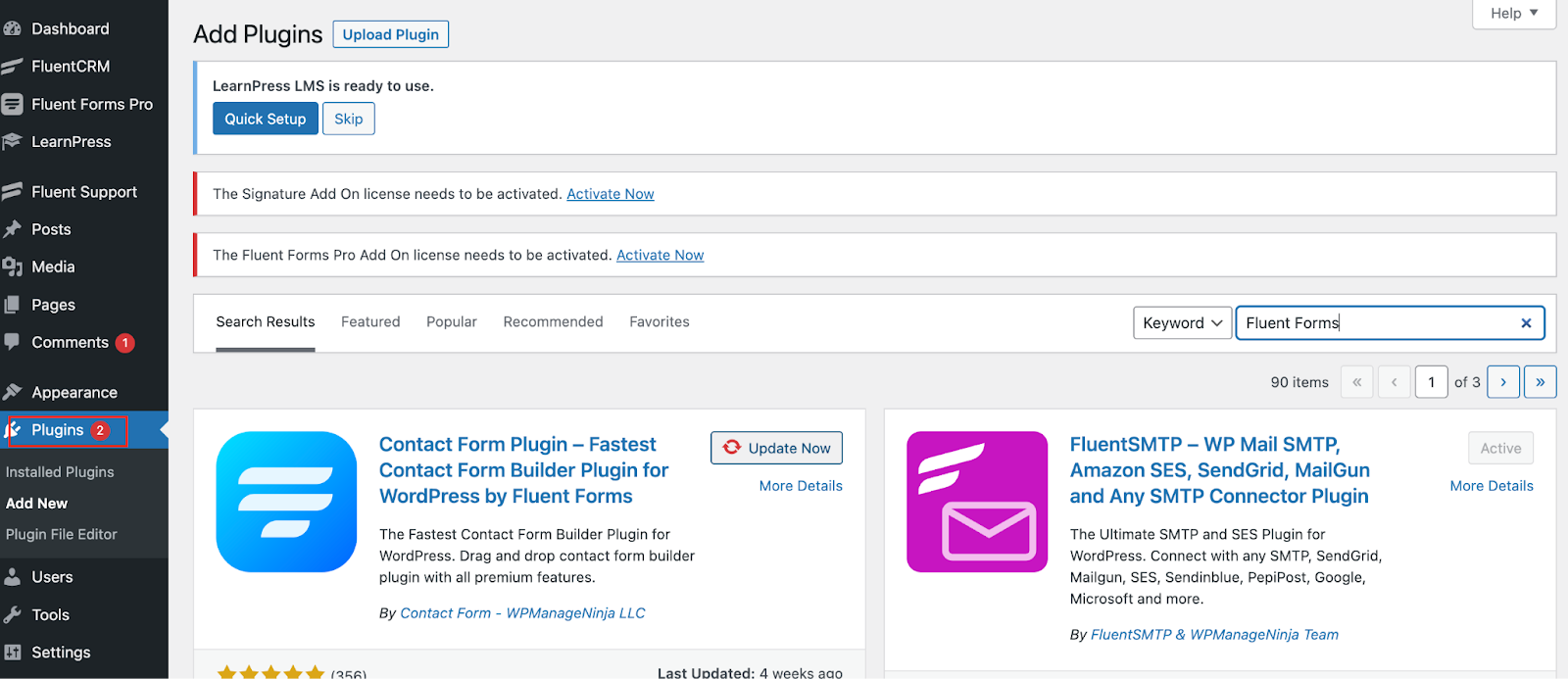 Fluent Forms dashboard, WordPress