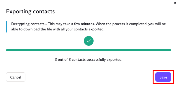 Modal showing exporting contacts