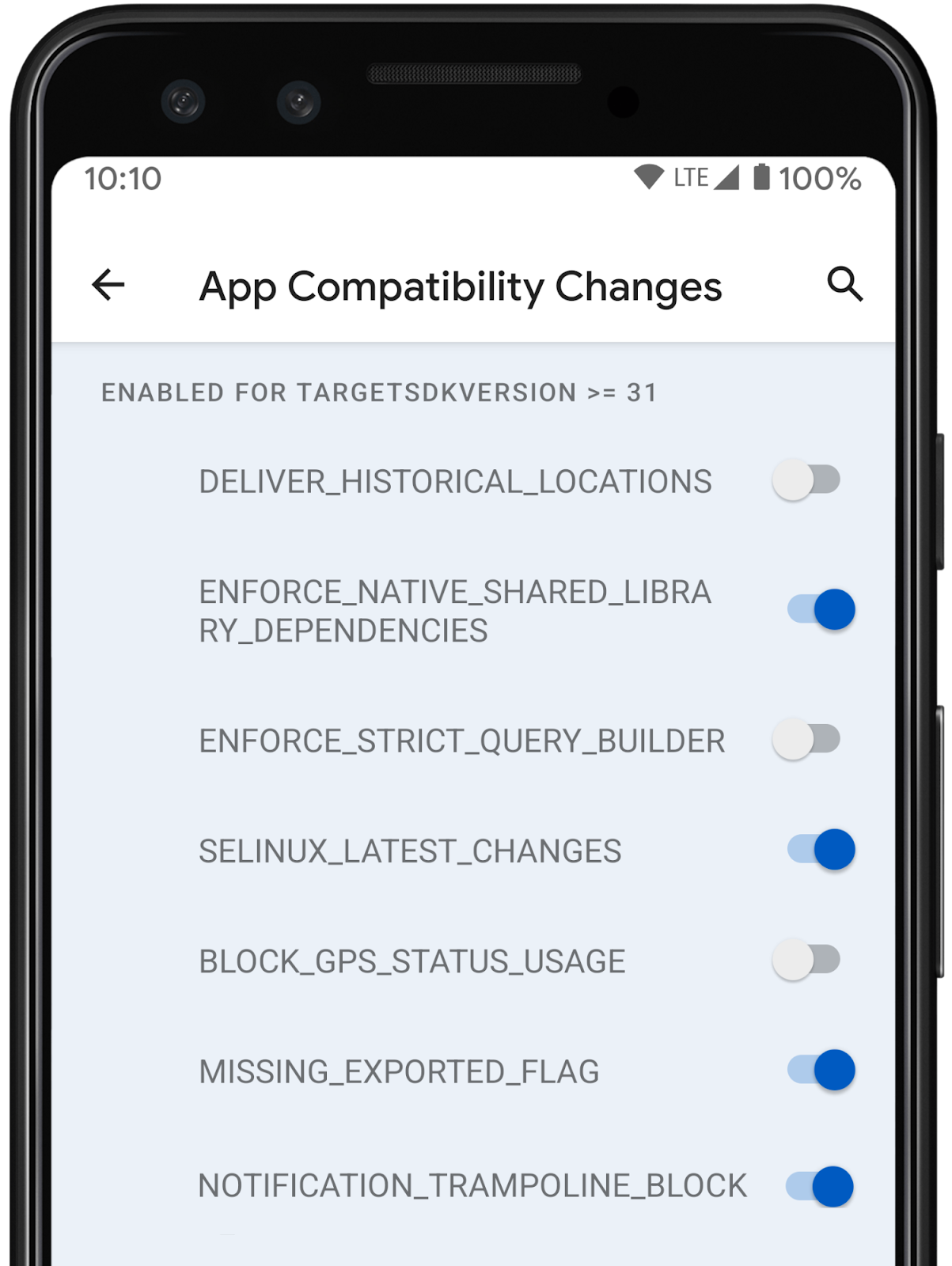 mobile display of App Compatibility Changes with toggles