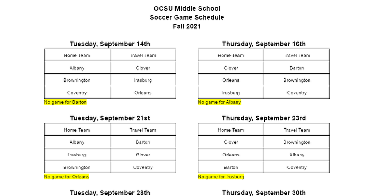 2021 Middle School Soccer Schedule