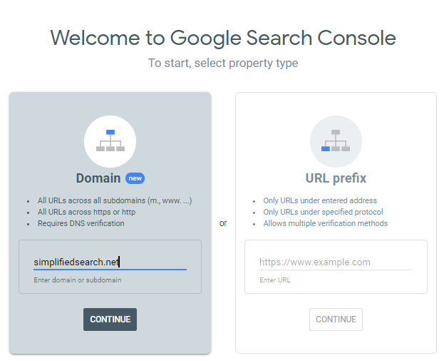 Search Console adding your domain