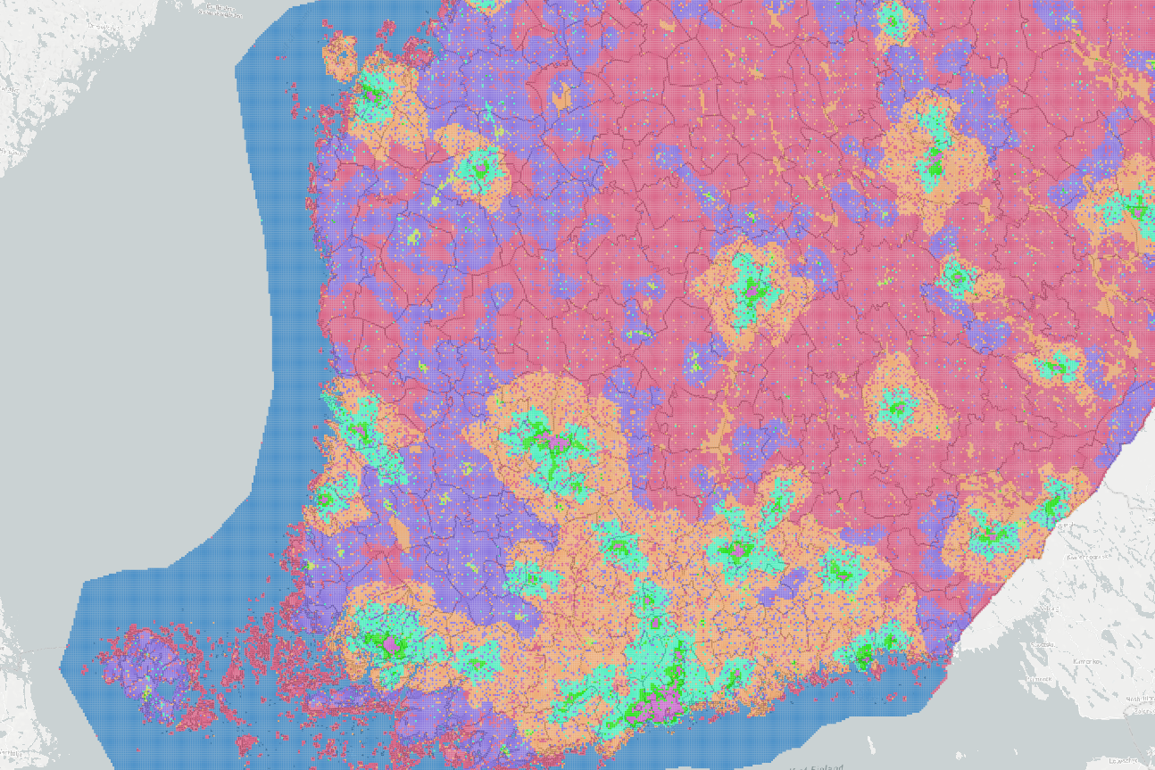 Random Forest classified urban-rural typology in Finland (random color scheme).