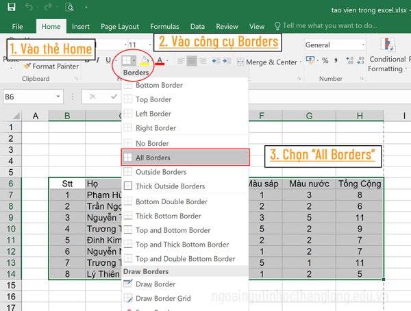 Tạo khung viền trong Excel
