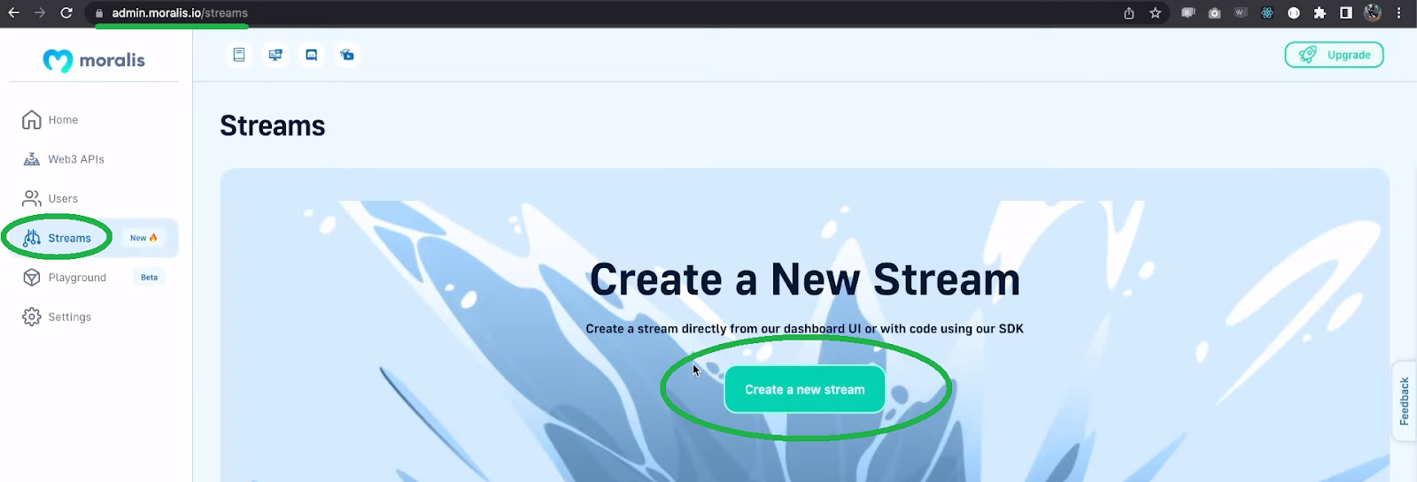 create a new stream landing page on moralis