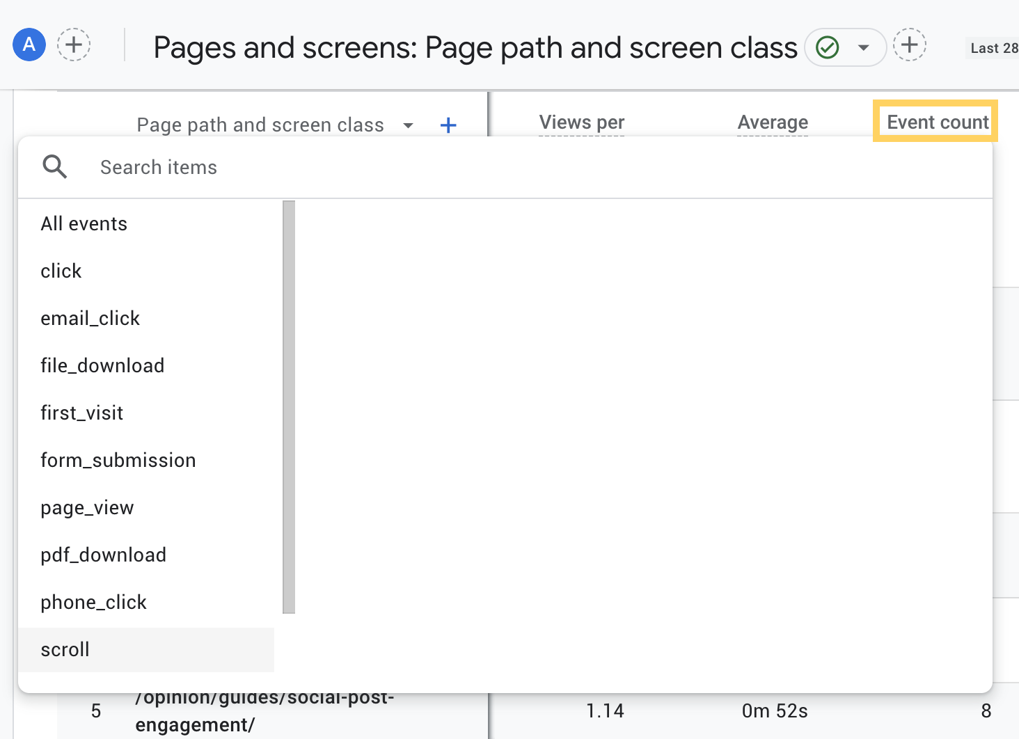 Screenshot of the Pages and screens report in GA4, where you can select “scroll” as an event to view 