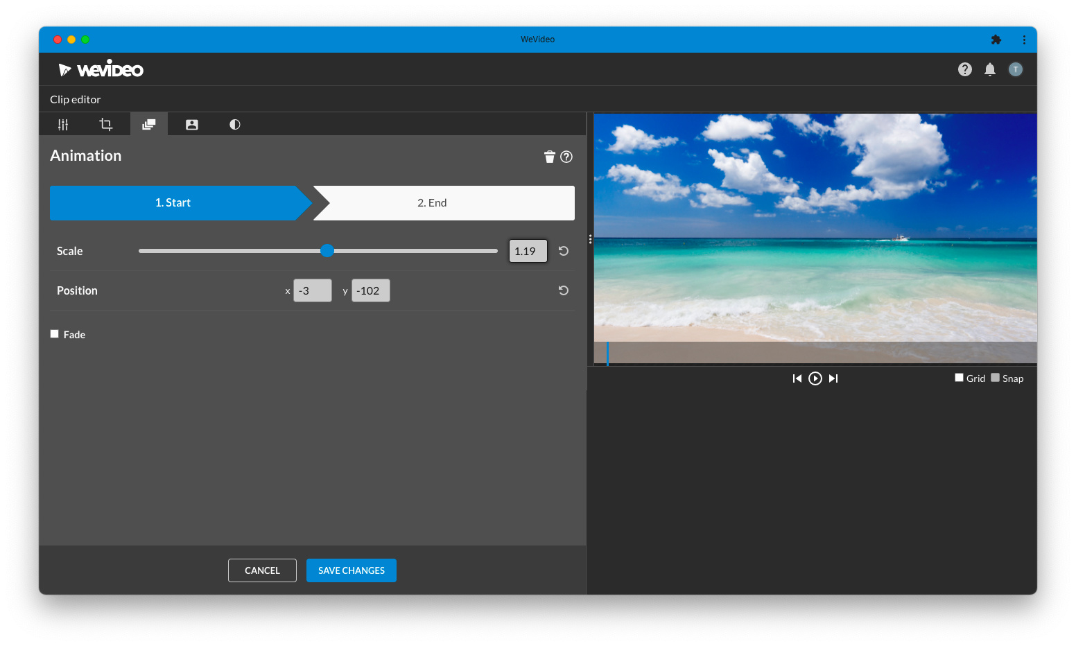 WeVideo online video editing dashboard Animation tab with a photo of a beach in the preview window.