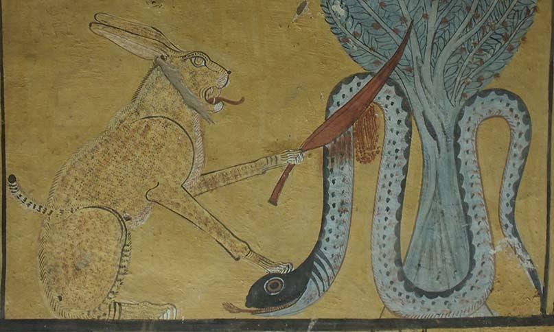 Der „Sonnenkater“ tötet die Schlange Apophis mit einem Messer. Grab des Inherkau (TT359), Theben-West Neues Reich, 20. Dynastie