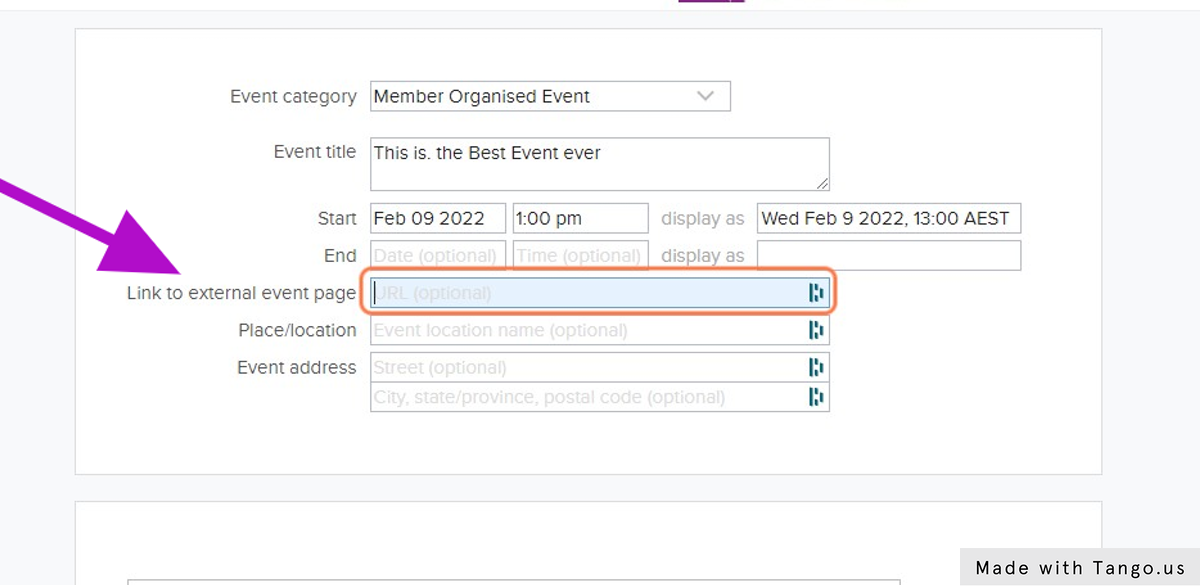 Add Link to Your External event page