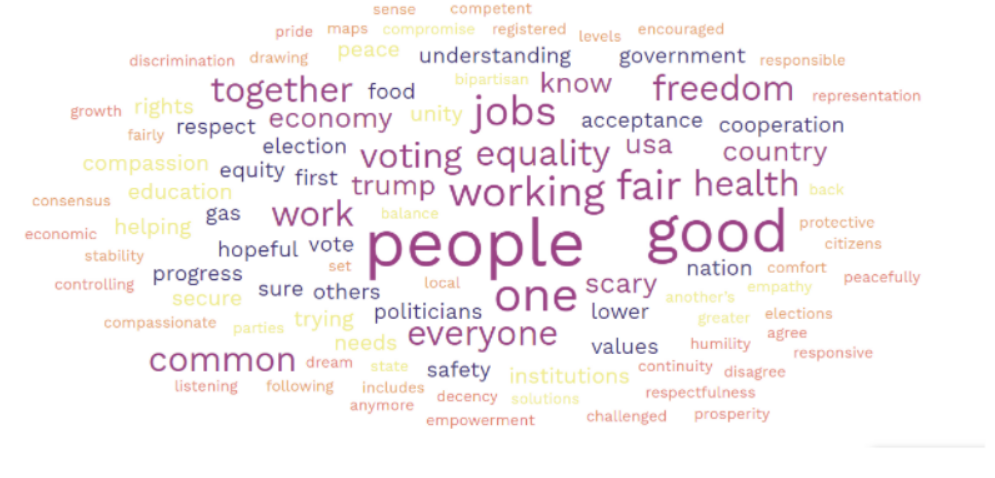 A word cloud showing words that represent "An America that Works for Everyone". Words include people, good, working, equality, voting, jobs, freedom, together, fair, health...