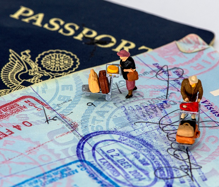 open passport with wood figures