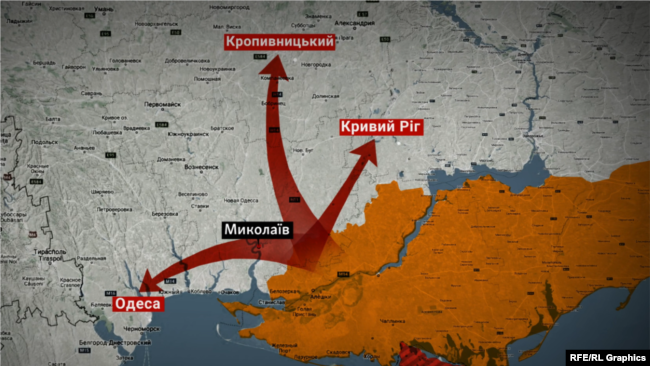 Карта. Напрямки по яким могла наступати армія РФ, захопивши Миколаїв