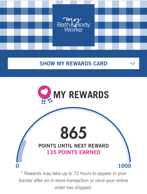 Screenshot of bath and body works rewards program interface. shows number of points earned and points required to get a reward