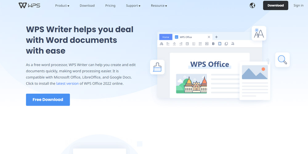 WPS Office Writer main page