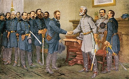 General Grant (Union Army) is on the left, in blue uniform, shaking hands with General Lee (Confederacy) on the right.
Image from https://en.wikipedia.org/wiki/Battle_of_Appomattox_Court_House