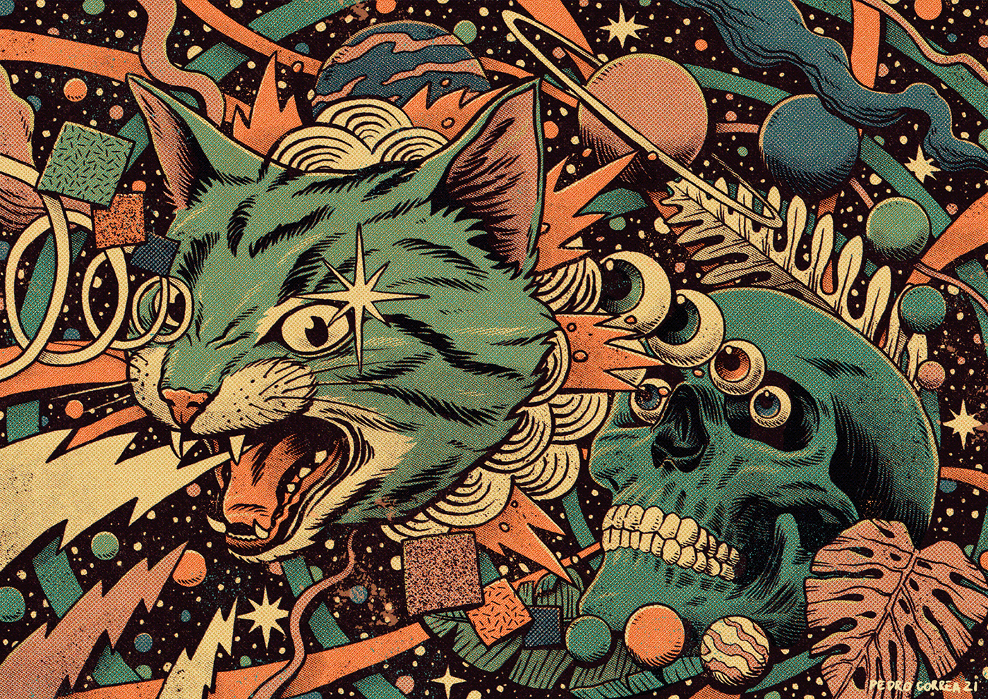 Cat Drawing  ink monolith Planets psychedelic skull Space  tiger wild