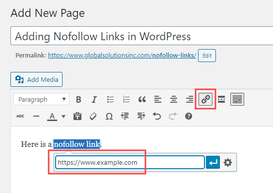 Adicionando um link no editor clássico, usando o botão de link