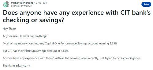 A person on Reddit platform asking about CIT Bank reviews. 