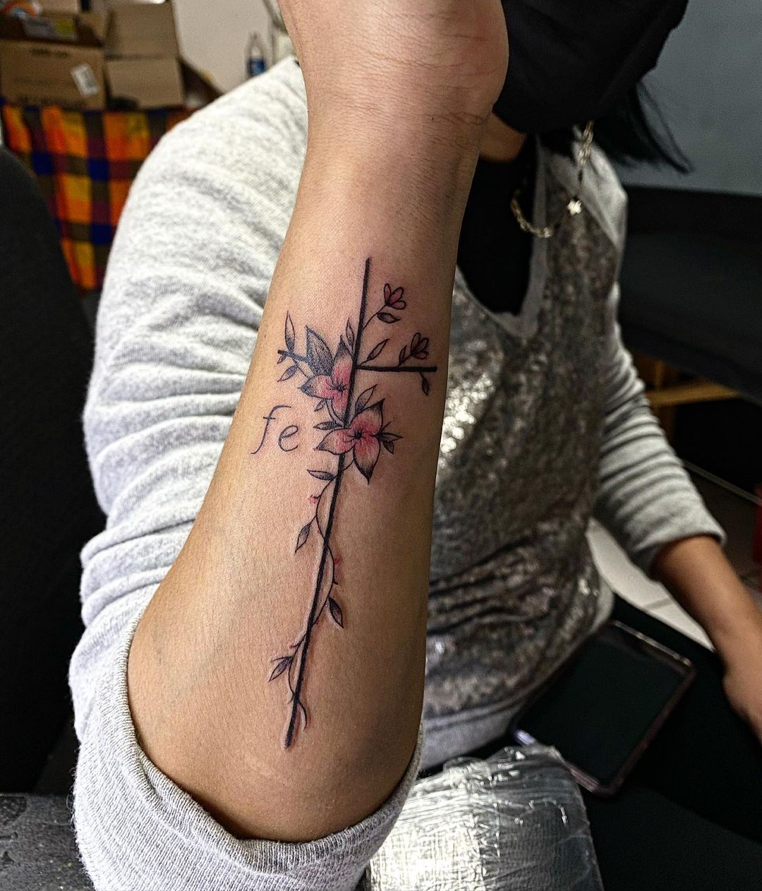 Pink Flower Cross Tattoo
