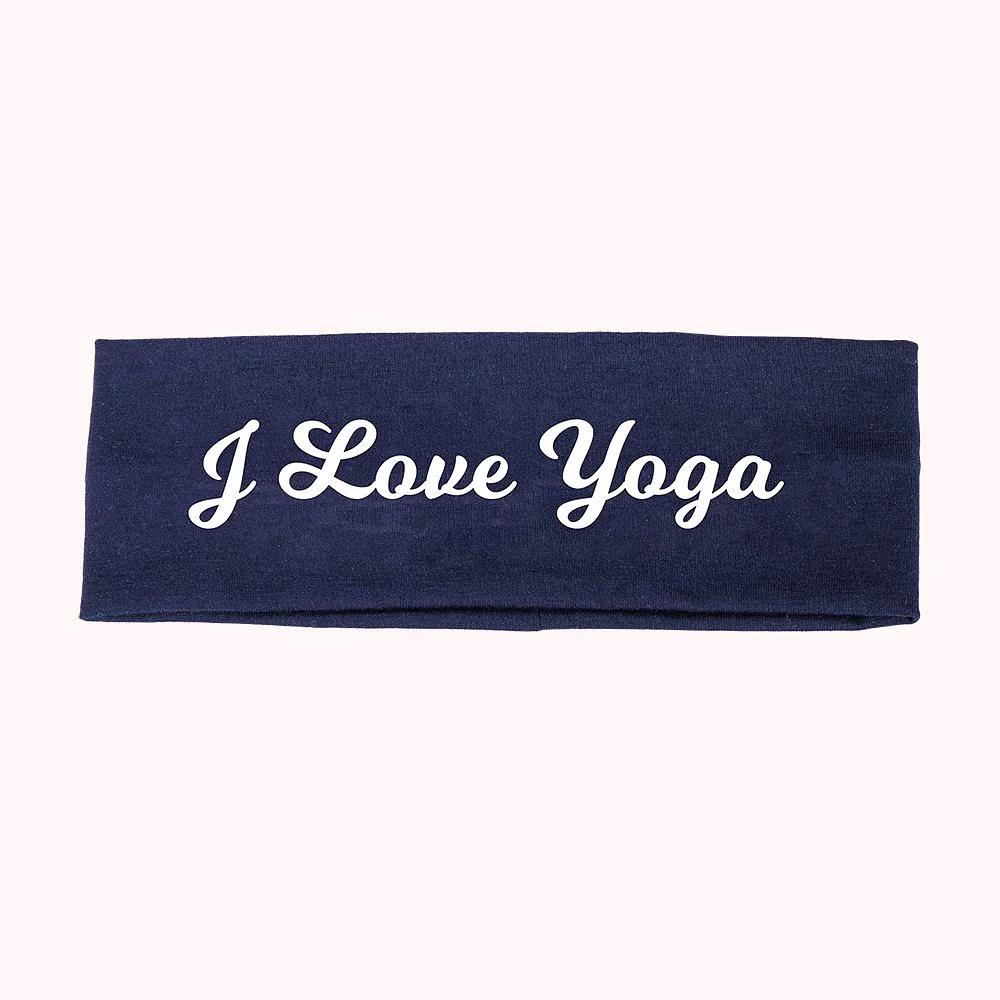 Bandeau de Yoga bleu personnalisé avec un message “I love Yoga”.