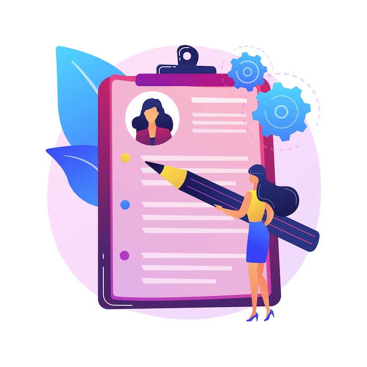A vector illustration representing a resume writing service concept. It depicts a laptop with a document icon on its screen, surrounded by various elements symbolising copywriting, CV writing, online professional help, resume, cover letter, candidate profile, and career summary.