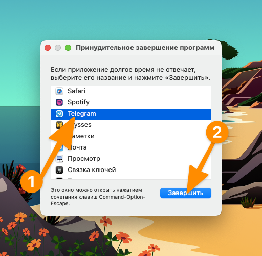 принудительное завершение работы Telegram 