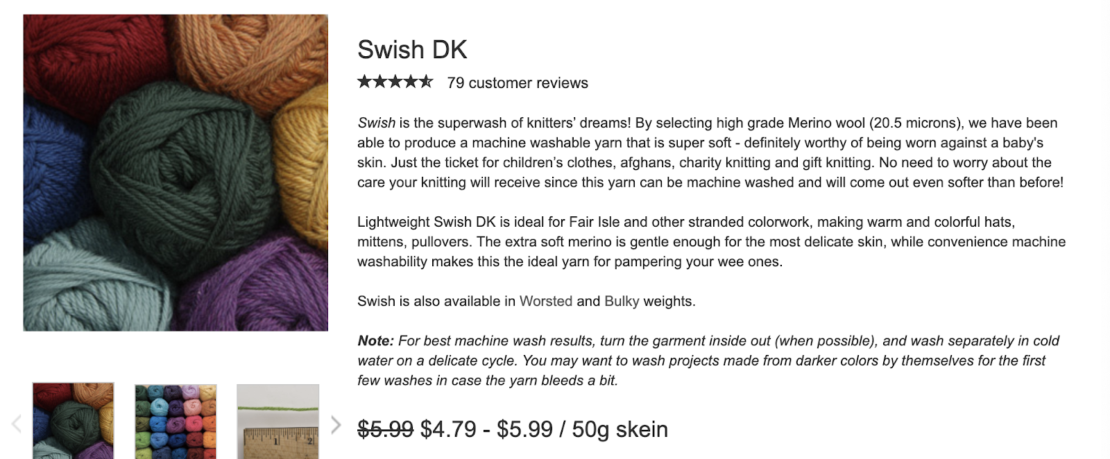 A screenshot of Knitpick's Swish DK as a product description template example.