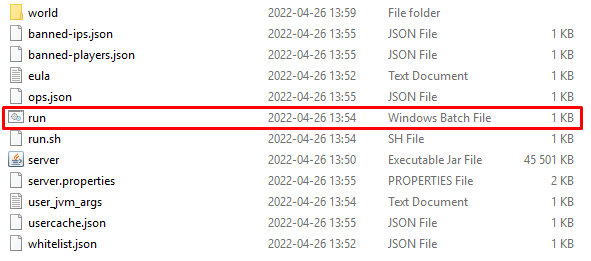 Abrindo o arquivo run para executar o servidor Minecraft
