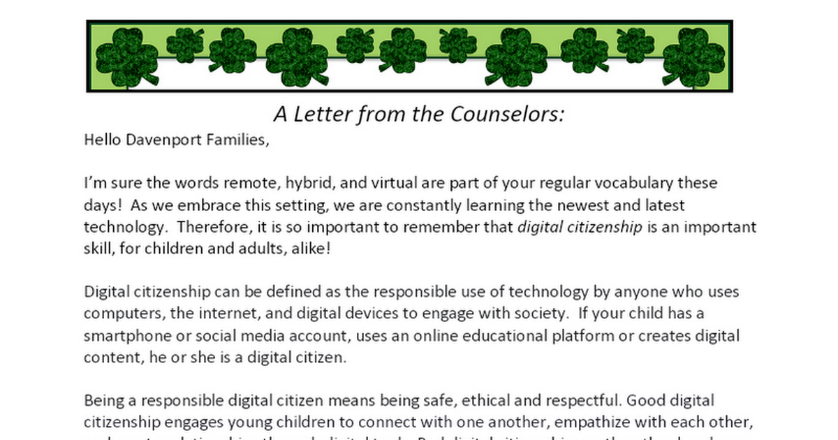 Revised Davenport Parent Letter - Digital Citizenship Feb 2021