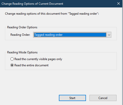 tagged reading order marked as reading order option in change reading option of current document modal dialog