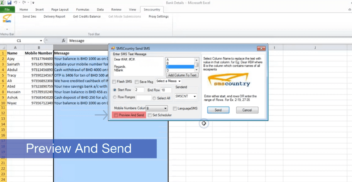 The image shows how you can preview your message before sending - SMSCountry Excel SMS Plugin