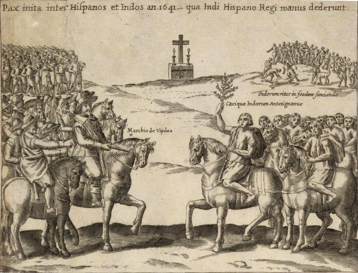 A group of armed Spanish colonizers on horseback meet with a group of unarmed Mapuche on horseback in the fields of Quillin. Details in text. 