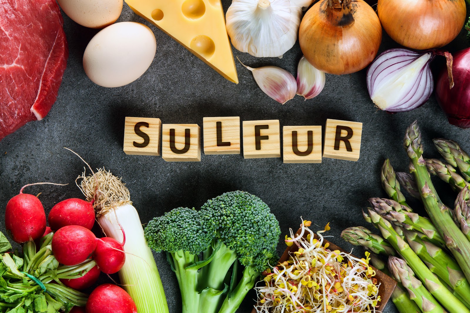 low sulfur diet: vegetables around letter blocks that spell sulfur