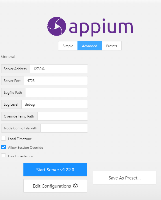 Appium advance seetings